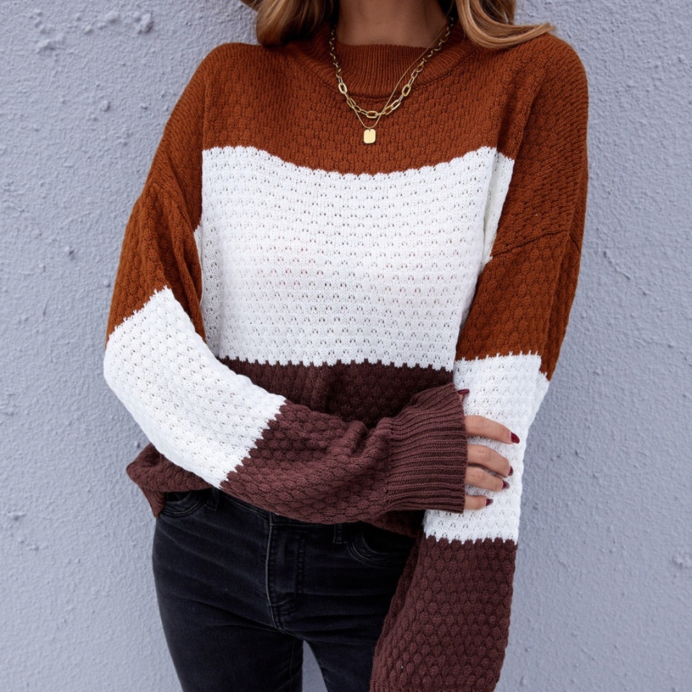 Brown White Oversized Color Block Knit Sweater - Picture 4 of 4